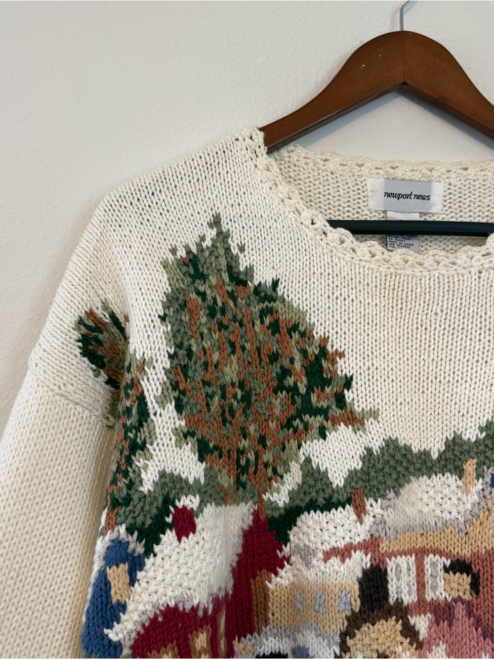 Newport News Cream Scenic Knit Sweater with Green, Red and Brown Accents - Picture 2 of 4